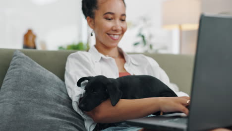 woman working on laptop with puppy on sofa