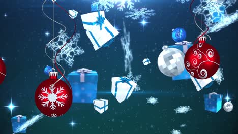 Animación-De-Bolas-De-árbol-De-Navidad-Sobre-Símbolos-Navideños-Que-Caen-Sobre-Fondo-Azul.