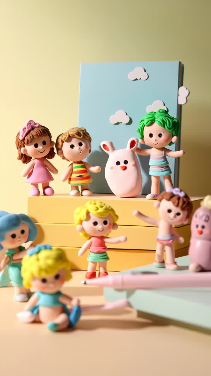 Colorful clay doll figurines with a rabbit in a whimsical setting