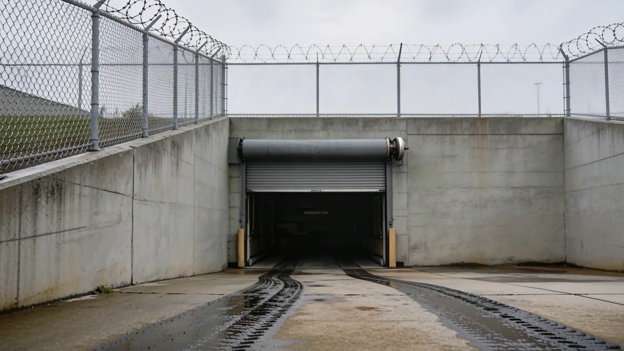 Motore che si avvia, serranda avvolgibile che si alza rivelando una luce interna in un ingresso rientrato con tracce di pneumatici bagnate