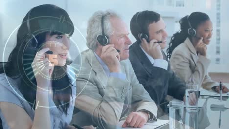 animation of clock over business people using phone headsets