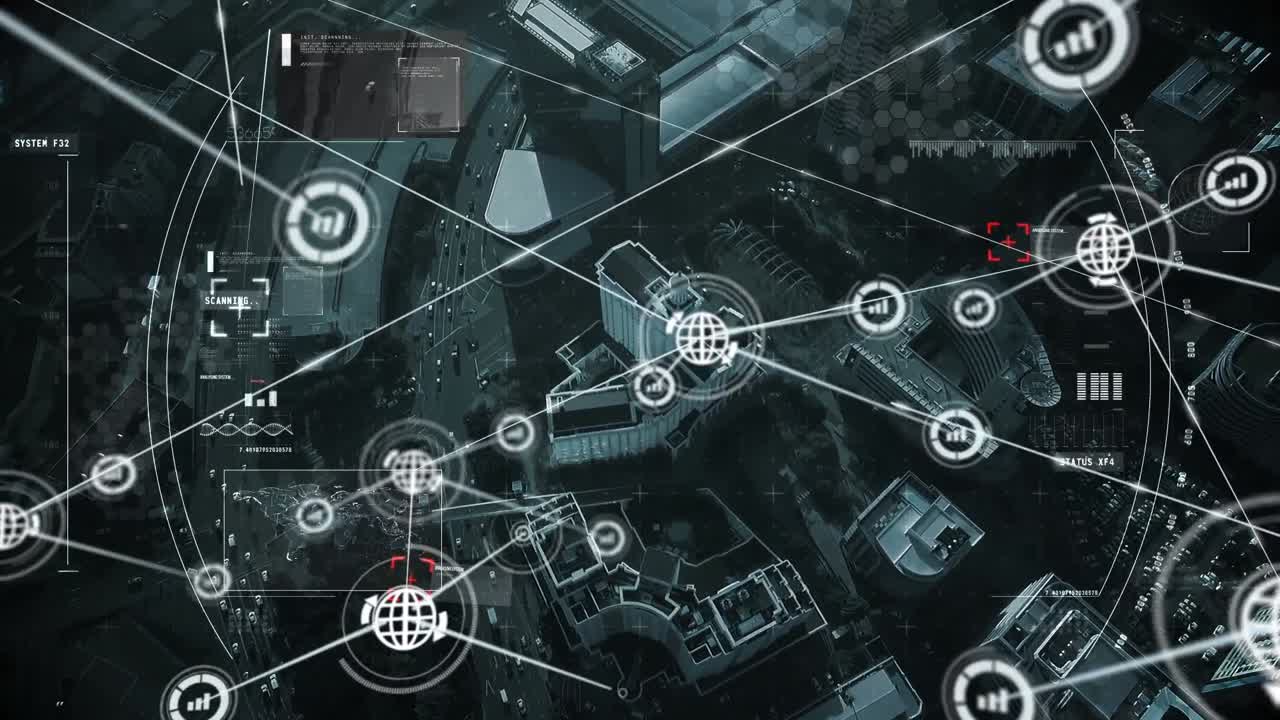 연결 네트워크의 애니메이션과 도시 풍경에 대한 범위 스캔