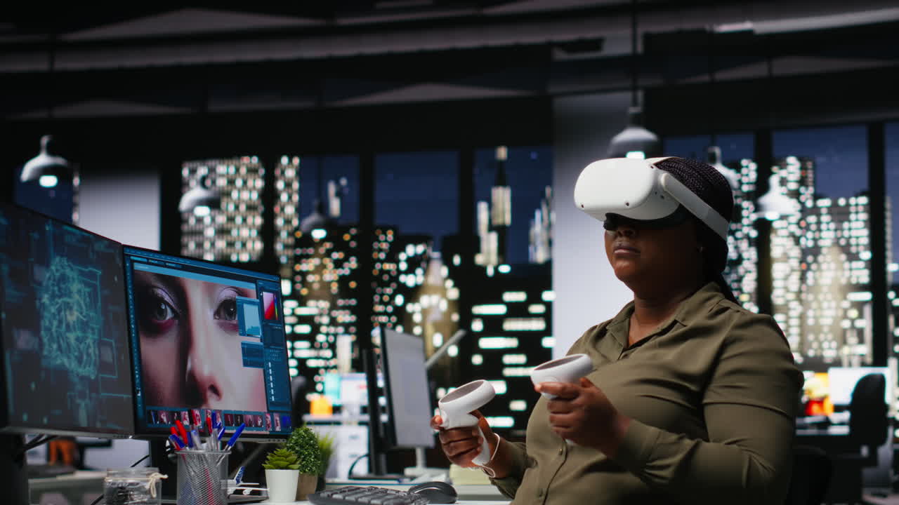 Black woman using VR glasses and neural networks to edit photos