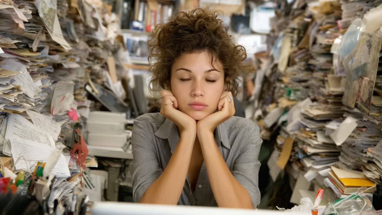 A Young Woman Ponders in a Cluttered Office Environment Overwhelmed by Paperwork, Illustrating the Struggles of Organization and Lifestyle Management in Today's Fast-Paced World