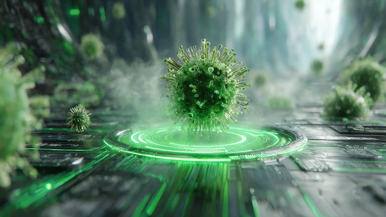 A Captivating Digital Visualization of a Virus Surrounded by Futuristic Elements, Highlighting Its Structure and the Technology of Disease Representation