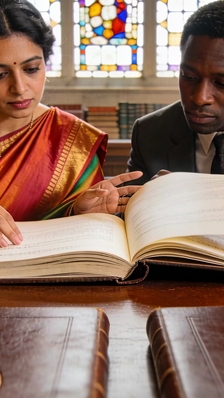 Vertical video: Woman turning ledger pages while man following text, conducting archive research