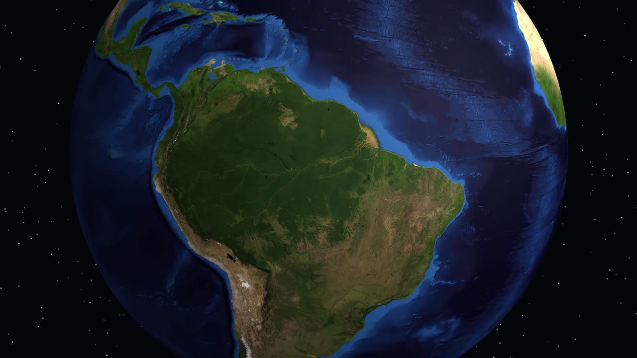 Un globo digitale ruota e zooma sul Sud America, evidenziando Chiclayo, Perù, con testo informativo.