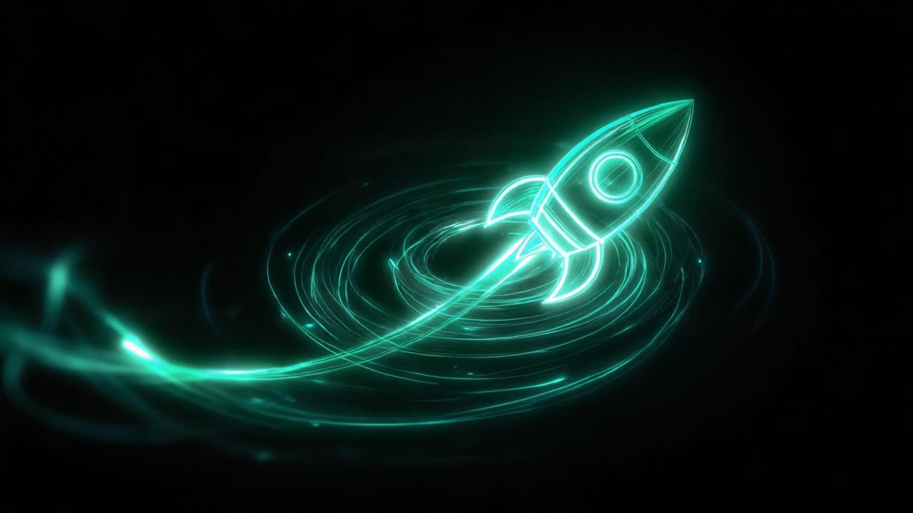 Stylized rocket launching with a glowing neon trail, swirling through a dark background representing business startup, innovation, and technological advancement in a futuristic abstract animation