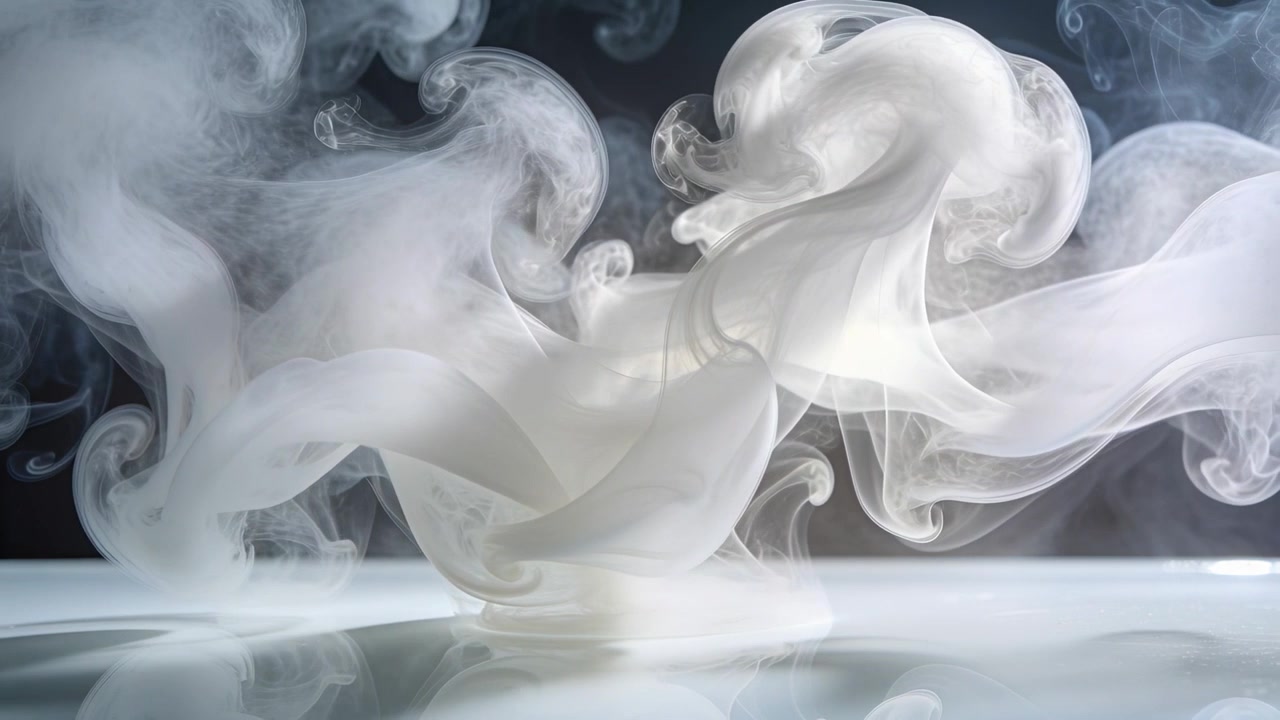 Emerging white vapor plume expanding, billowing and forming layered sheets from glossy surface