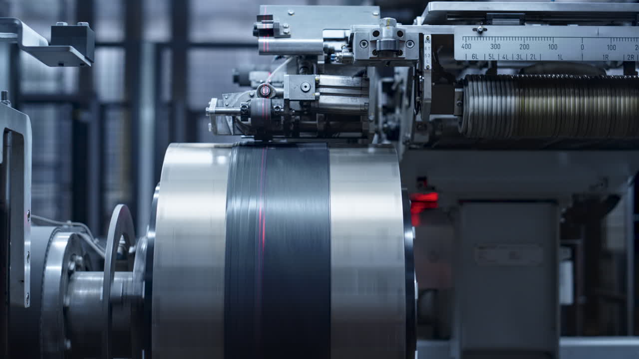 Closeup tyre manufacture machine working in industrial automated workshop