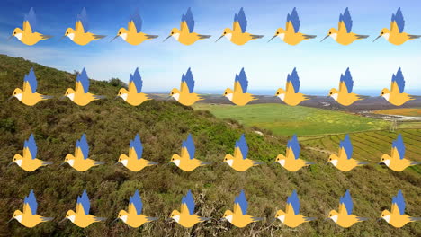 animación de los iconos de las aves que se mueven sobre el paisaje