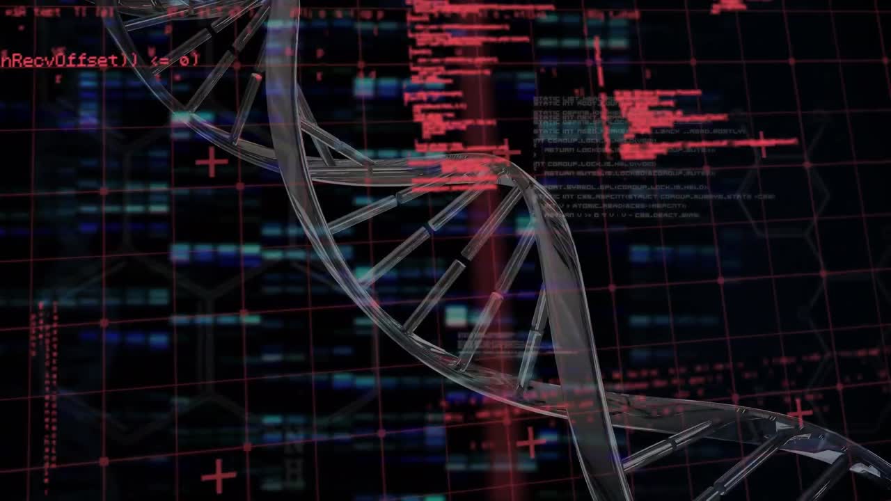 animación de la cadena de adn rotando sobre el procesamiento de datos en espacio rojo y negro con luces