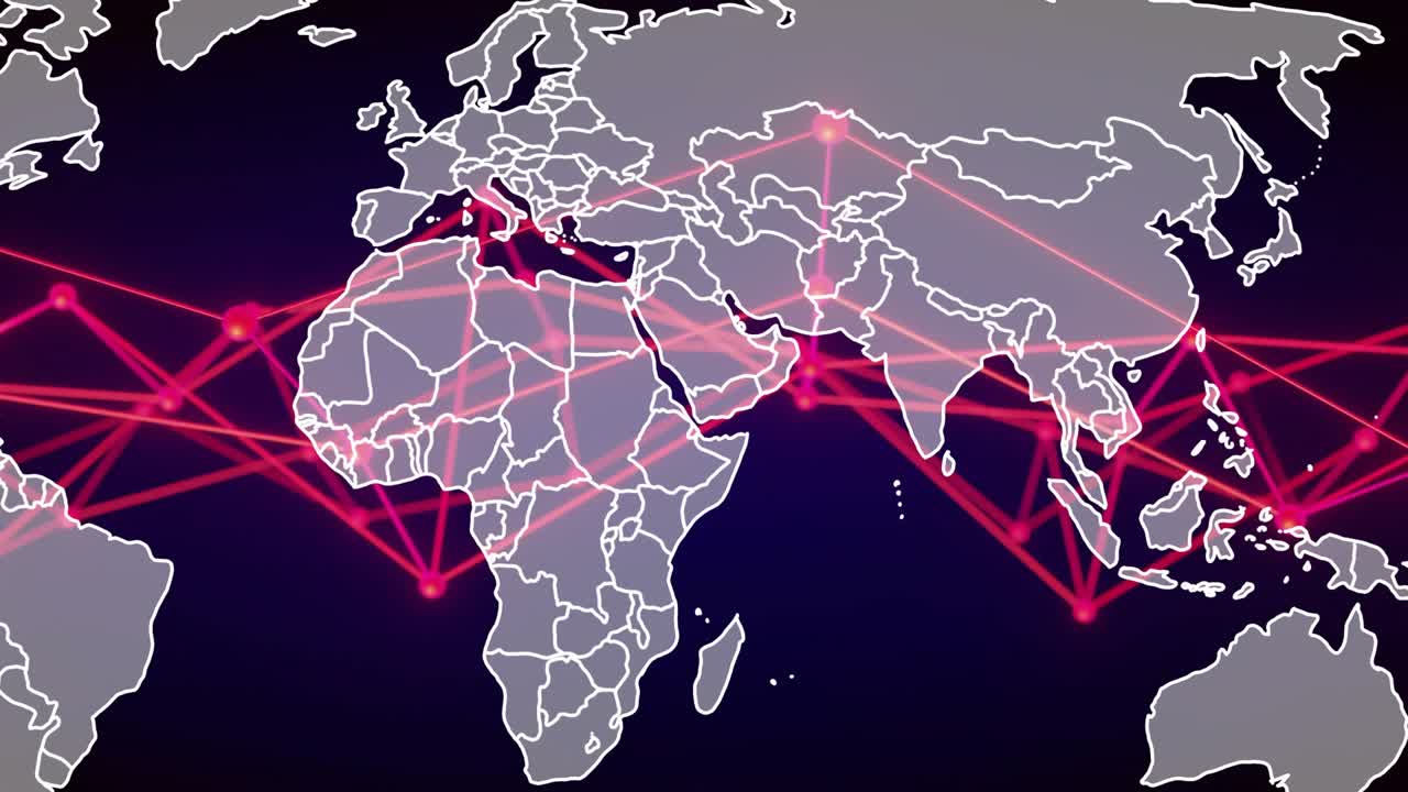 Blinking South Africa node starting red lines fanning upward showing outlines and pulsing network