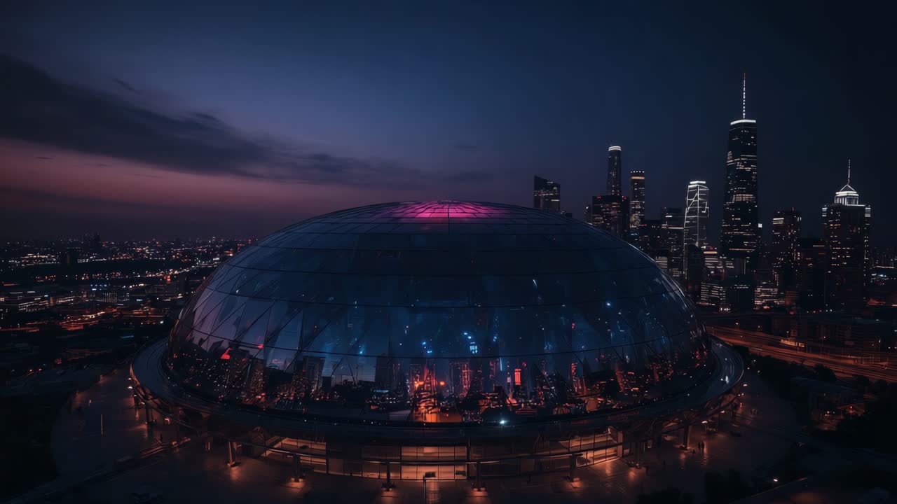 저녁에 미래의 도시 풍경