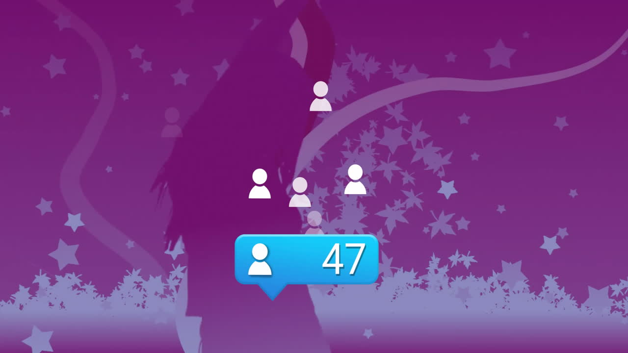 Antal følgere på sociale medier animation over silhuet af dansende person med stjerner