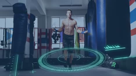 Animation-of-scope-scanning-and-data-processing-over-caucasian-man-jumping-rope-at-gym