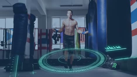 animation of scope scanning and data processing over caucasian man jumping rope at gym