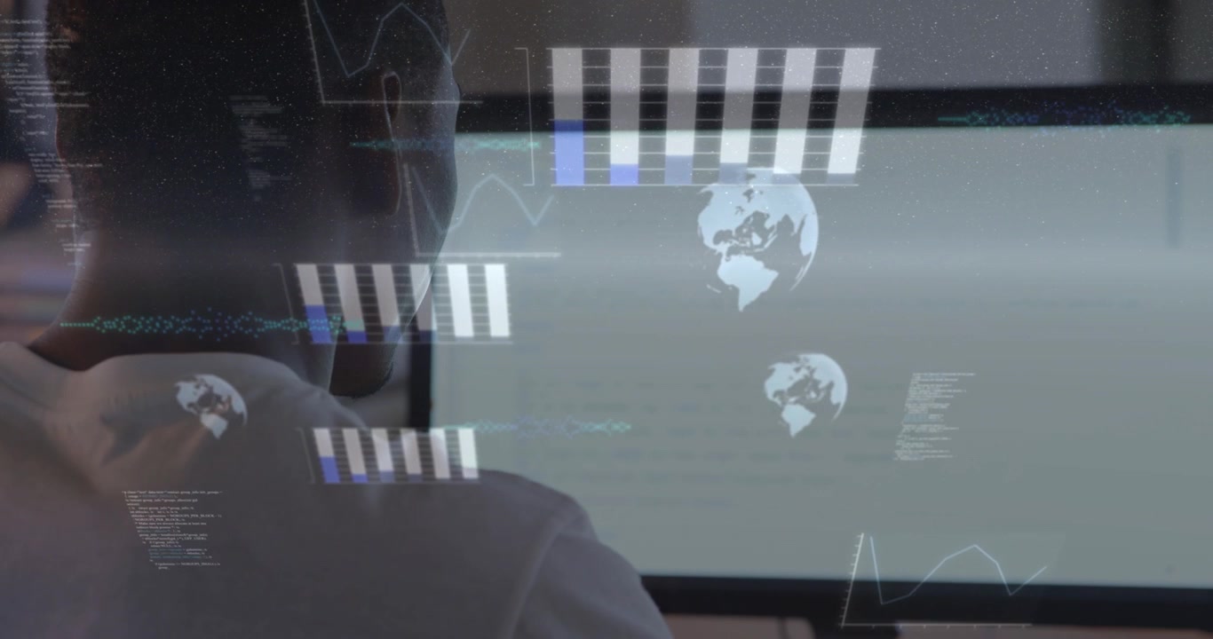 Man viewing monitor, live data streaming and animating overlay charts before him for tech insight