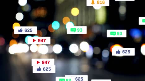 animación de iconos y números de redes sociales sobre semáforos desenfocados