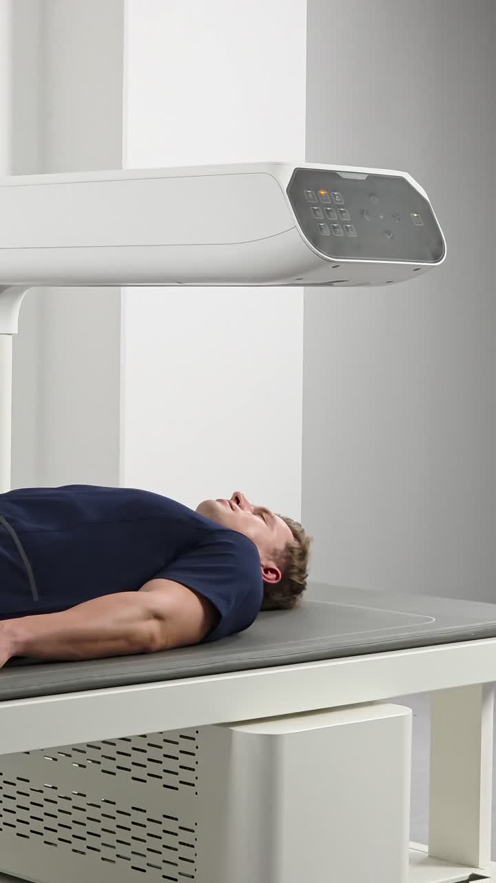 A Caucasian man in his 30s lies still on a table while a modern medical scanner (DEXA) moves over his body to analyze bone density and body composition in a clinic.