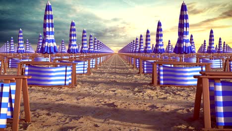 A lot of closed sun umbrellas and deck chairs at the empty beach in the end of the summer, looping 3D animation