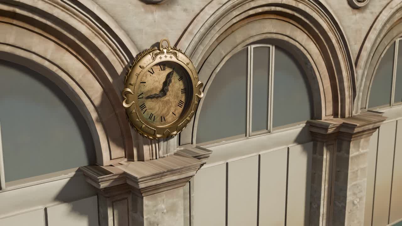 3D animation showing a public clock on a train station building