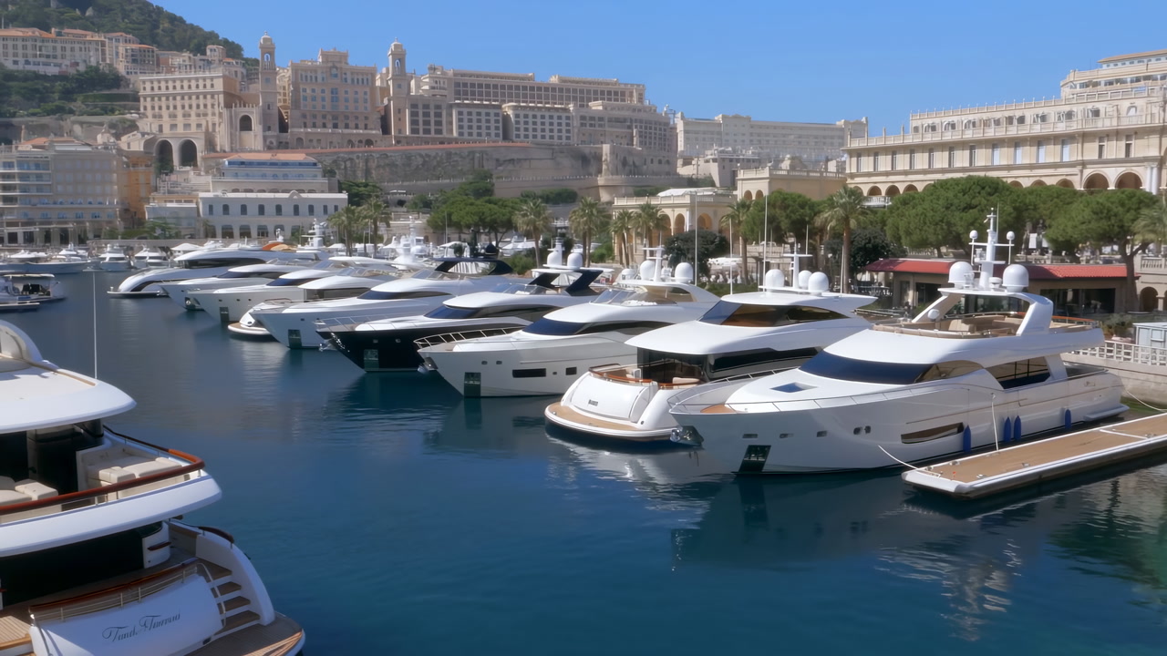 Sunlit Marina With Luxury Yachts Docked, Pristine White Hulls Reflecting Turquoise Water Against Grand