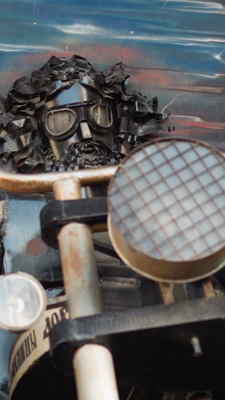 녹슨 헤드라이트와 금속 마스크 클로즈업, 낡은 파이프와 그래피티 배경에서 보이는 아티스트가 만든 조각품이 있는 도시 오토바이 전면, 금속의 따뜻한 녹, 작업장 수리 분위기, 세밀한 텍스처