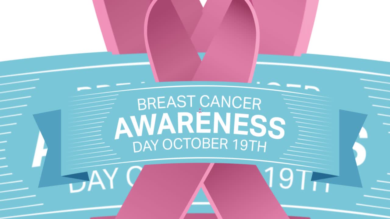 ⁇ 색 배경에 나타나는 여러 개의 분홍색 리본 로고와 유방암 텍스트의 애니메이션