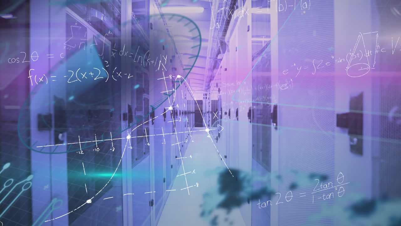 둥근 스캐너, 분홍색 빛의 흔적 및 컴퓨터 서버 방에 대한 수학적 방정식의 애니메이션