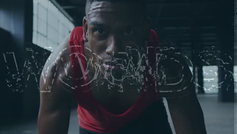 animación de procesamiento de datos y textos motivadores sobre hombre en forma afroamericano haciendo ejercicio en el gimnasio