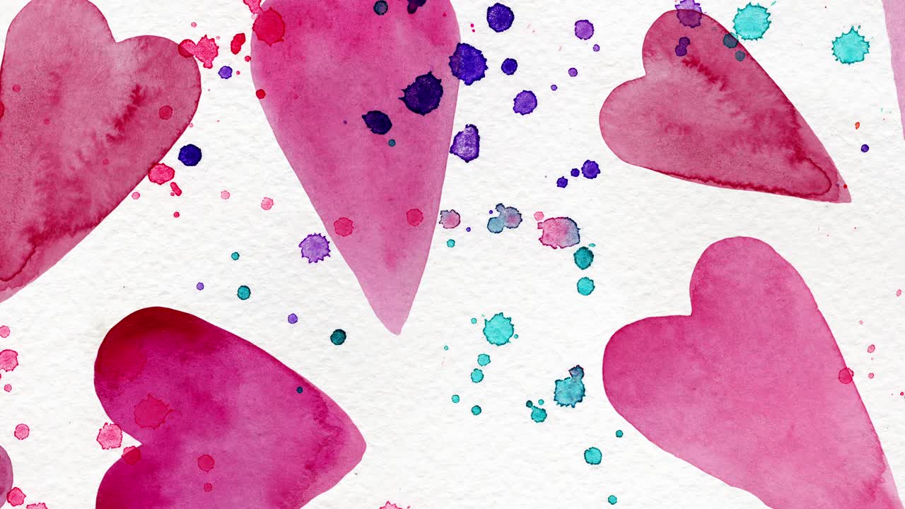 손으로 그려진 수채화 심장을 가진 추상적인 배경. 루프 애니메이션.