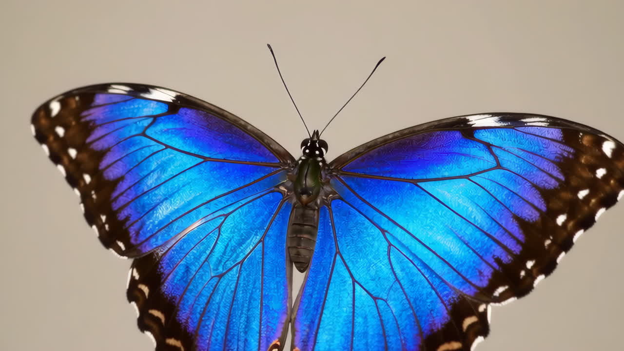 Primo piano delle ali iridescenti di una farfalla blu