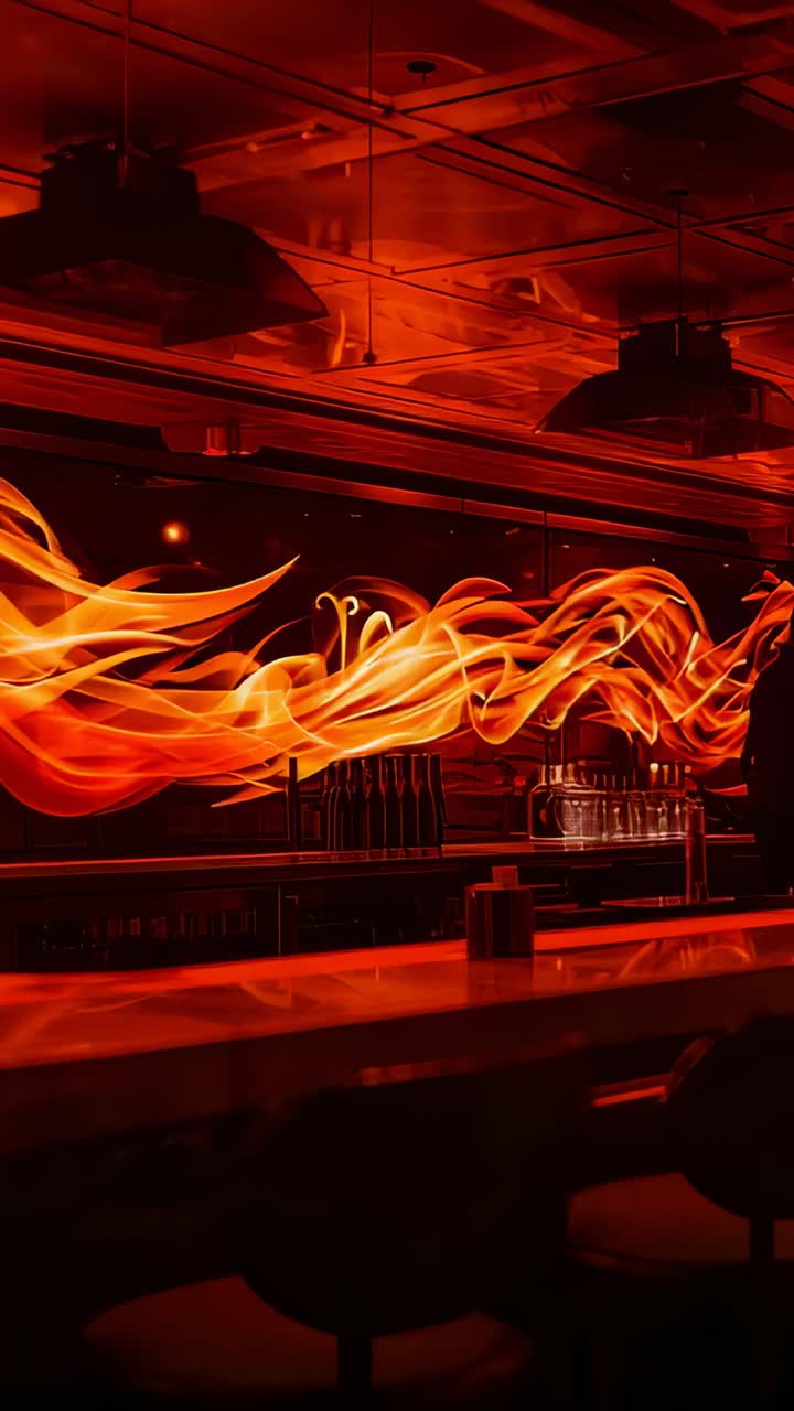 Vertical video: From right, dark figure pausing at bar, adjusting hat by flame mural, copy space
