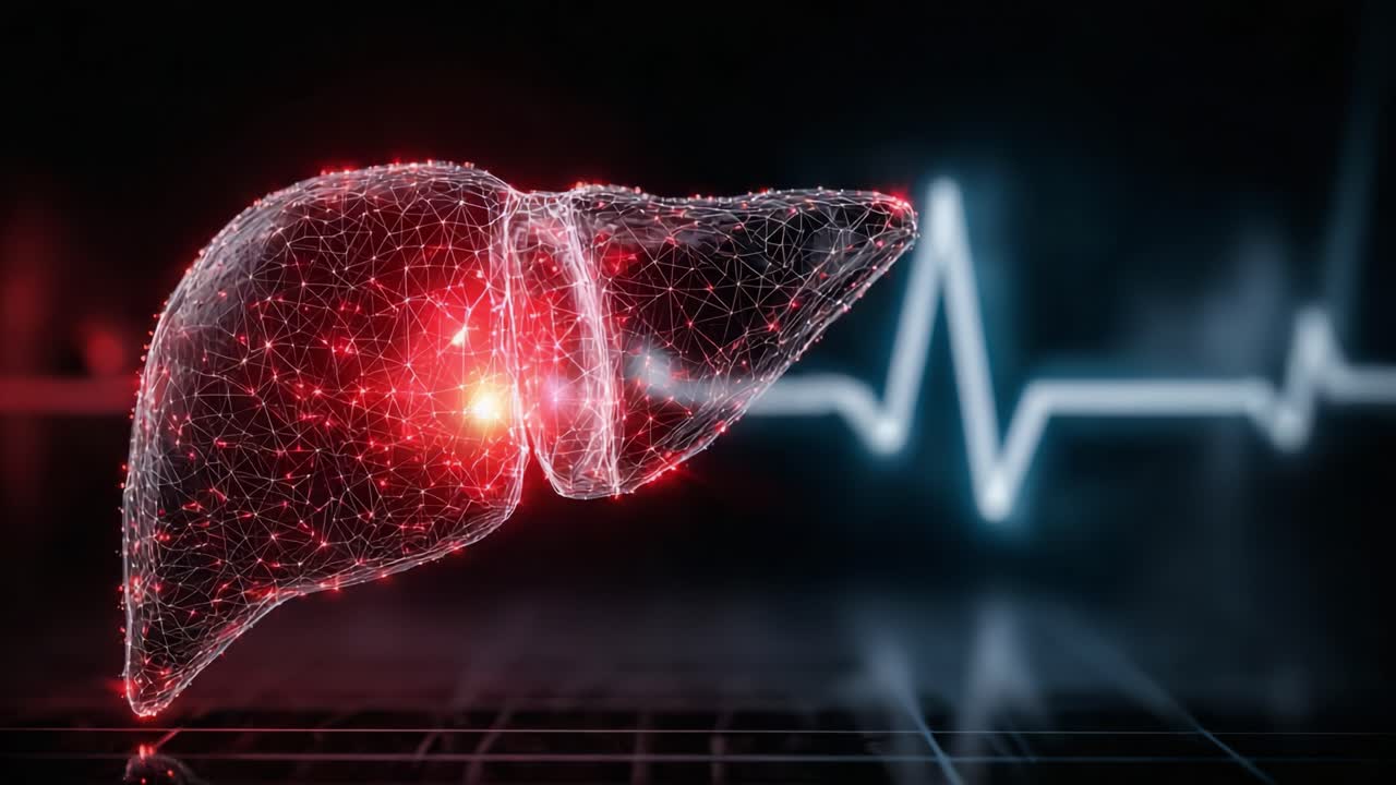 A Technological Representation of the Human Liver with Pulsing Heartbeat Visualization, Showcasing the Intersection of Health and Digital Innovation