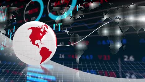 animación del procesamiento de datos estadísticos y bursátiles en comparación con el globo giratorio y el mapa del mundo