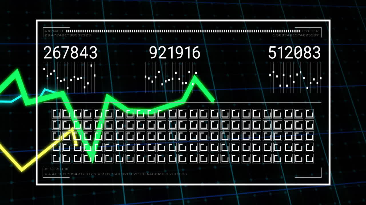gráfico de línea verde y animación de código binario sobre fondo de cuadrícula digital