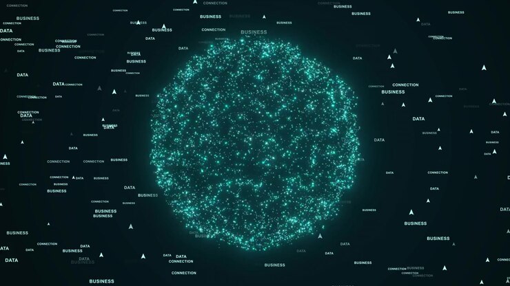 Digital Data Sphere with Floating Business and Connection Text