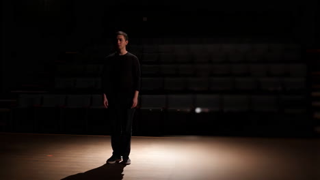 man standing in a spotlight on a dark stage