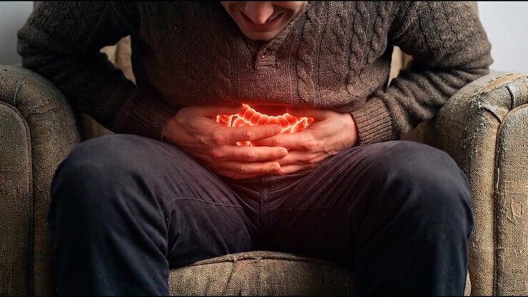 Man Suffering From Severe Abdominal Pain With Medical Visualization