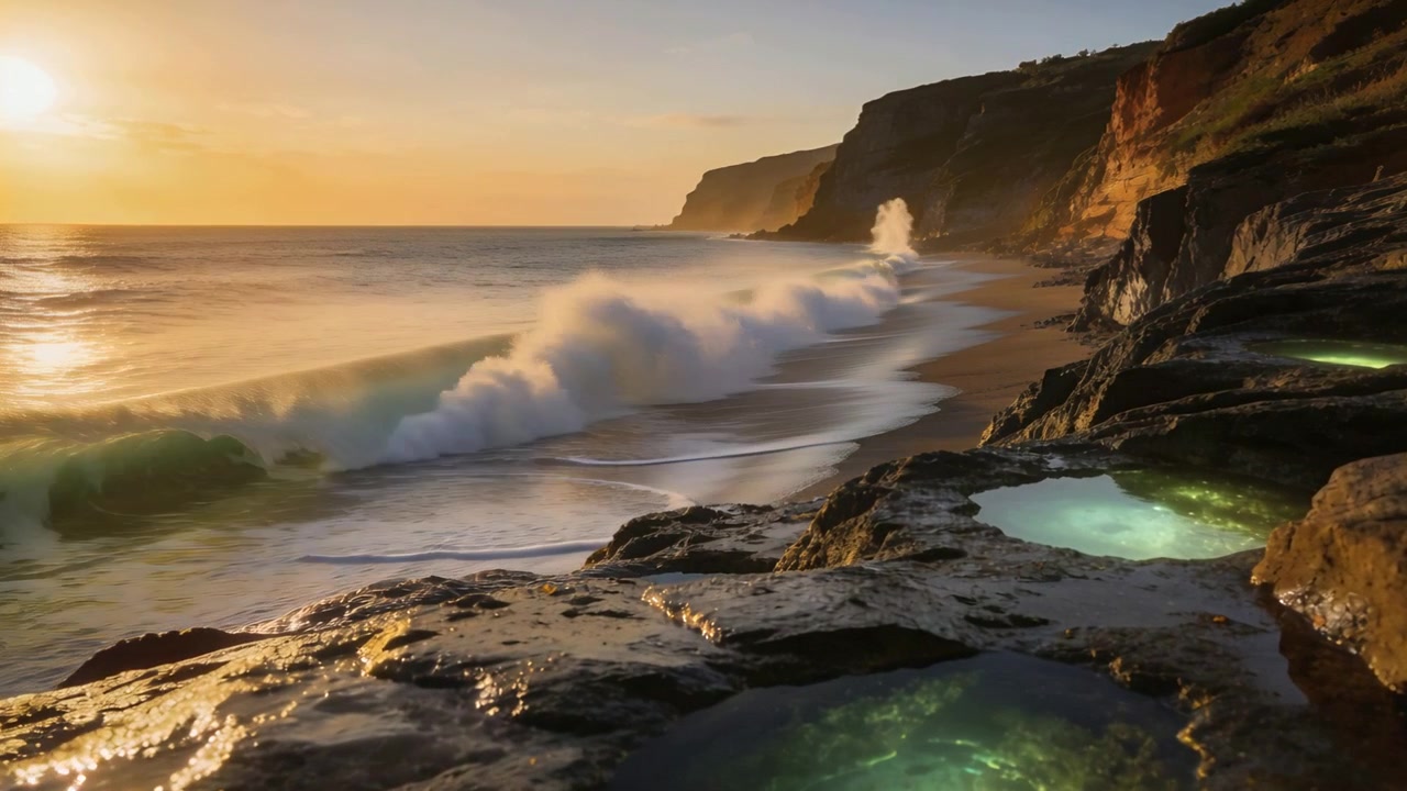 Glowing rocky shoreline and tide pools at sunset, approaching swell from left curling and breaking