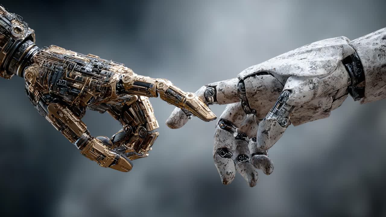 An Artistic Representation of the Connection Between Humanity and Artificial Intelligence Through the Touch of Two Distinct Hands, One Mechanical and One Human-like