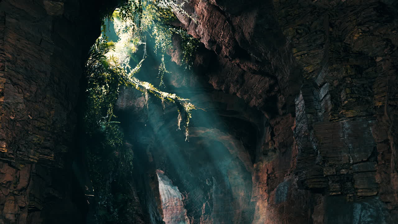 la luz del sol fluye en una cueva de la jungla