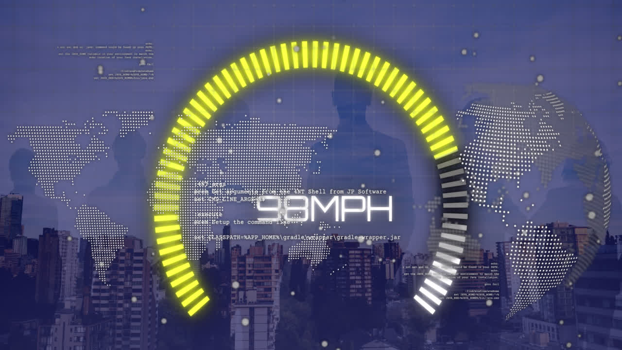 Animation of speedometer over world map, globe, peoples silhouette and cityscape