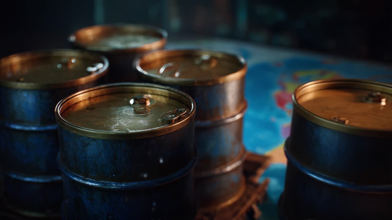 Dark, rusty oil barrels rest beside a world map. Faint light highlights metallic surfaces. Moody atmosphere suggests global energy themes. Ideal for news, documentaries, or business presentations