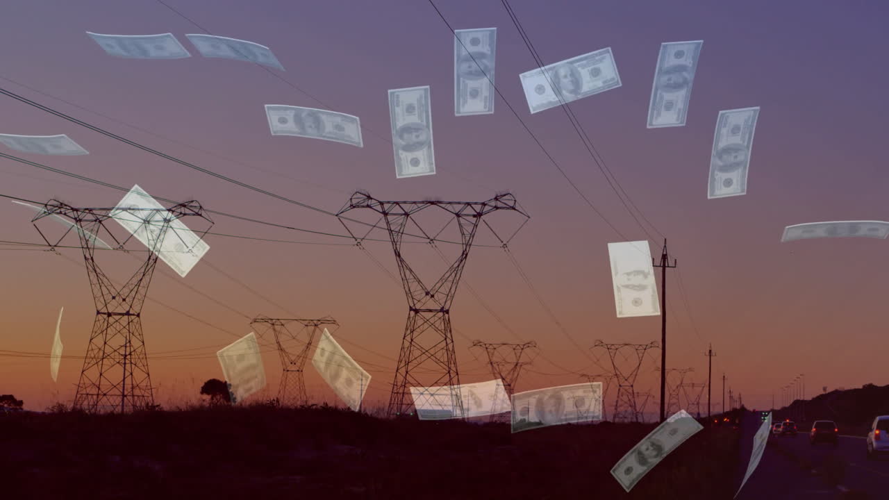 Falling dollar bills animation over power lines at sunset