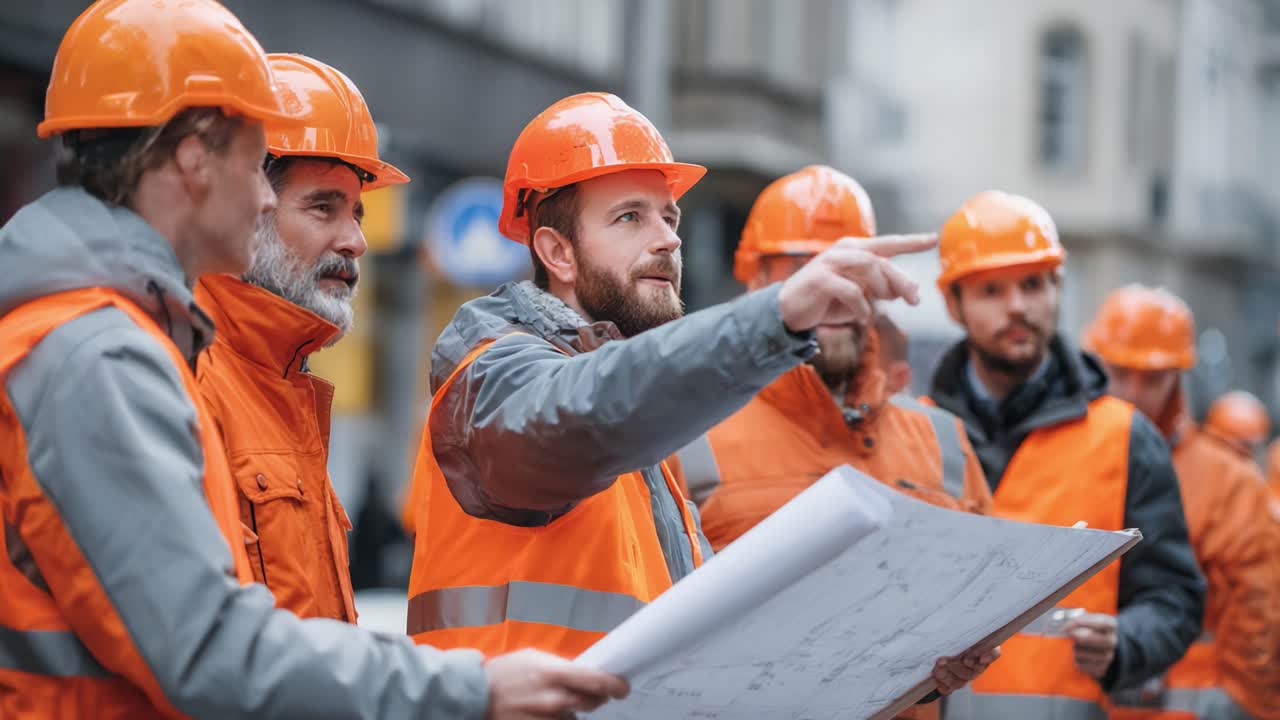A Collaborative Team of Construction Workers Discusses Plans with Focus and Determination, Emphasizing Safety and Teamwork in an Urban Environment