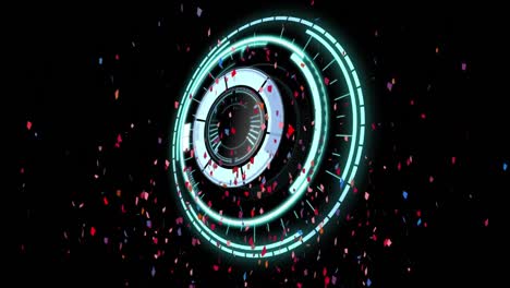 Animation-of-circular-safe-lock-rotating-over-colourful-confetti-falling-on-dark-background