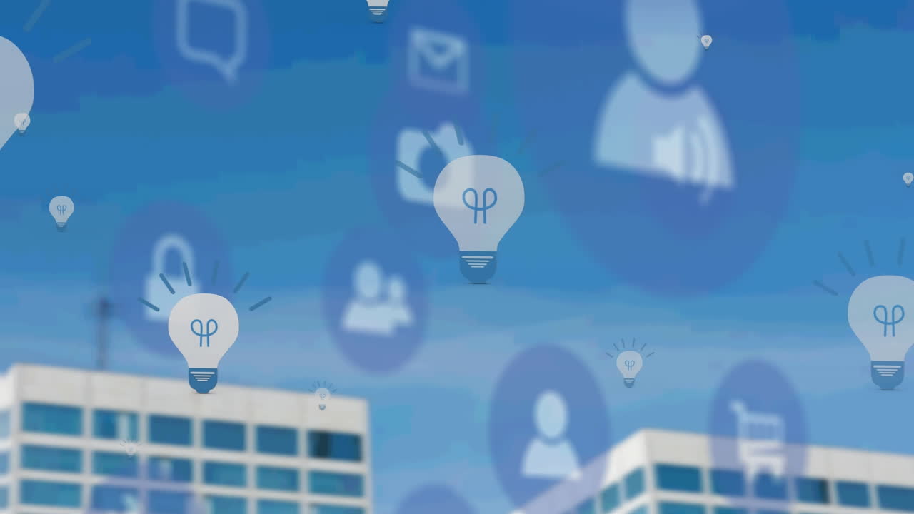 도시 풍경 위의 아이콘의 애니메이션