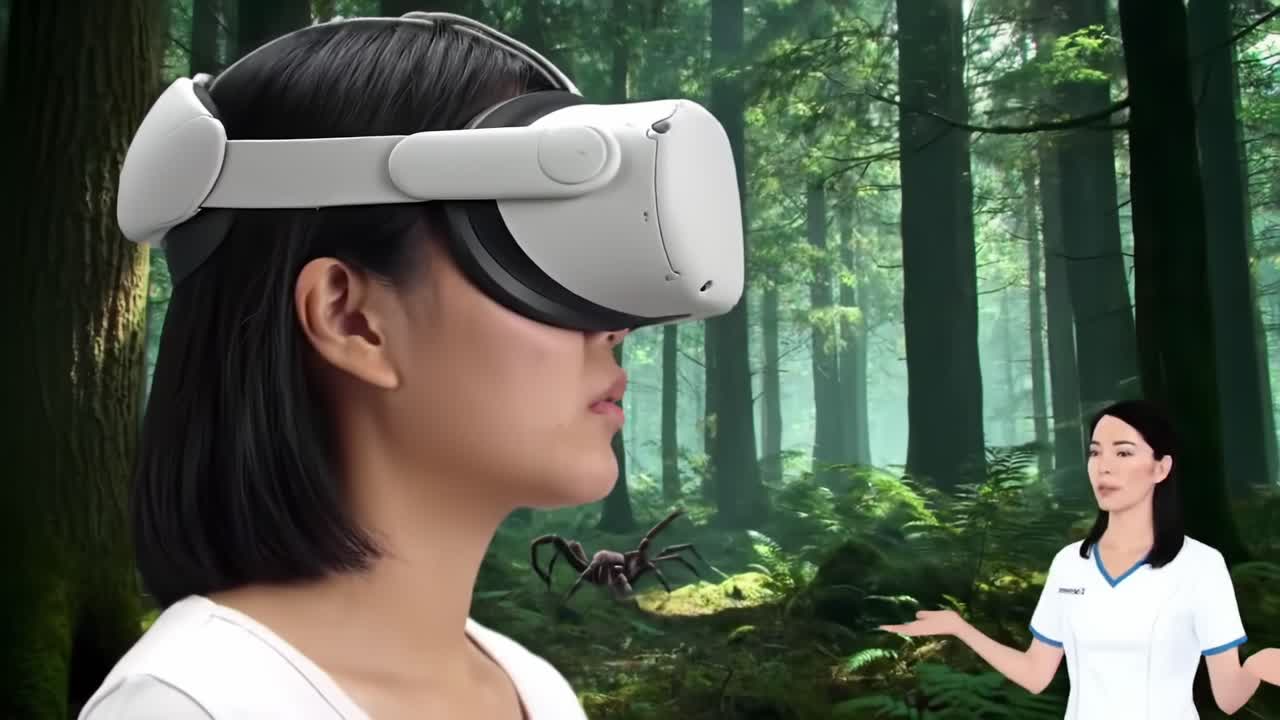 A Woman Engaged in Virtual Reality Experience as a Digital Avatar Guides Her Through a Spooky Forest Environment with an Animated Spider